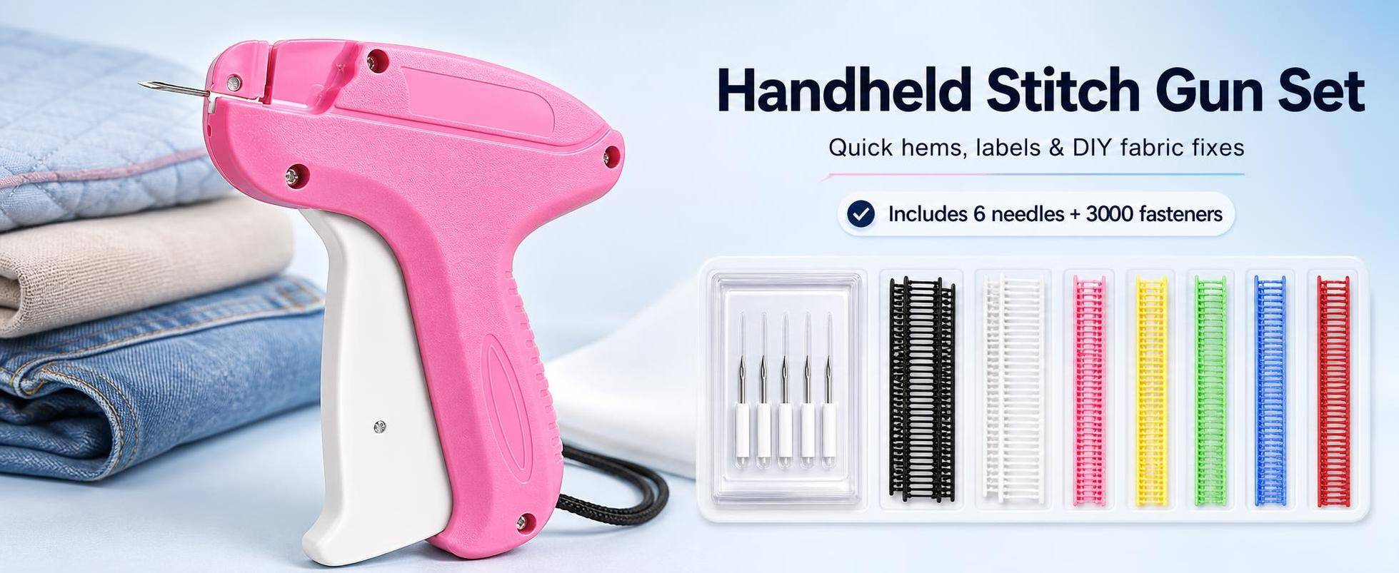 Handheld Stitch Gun Set - Quick hems, labels & DIY fabric fixes. Includes 6 needles + 3000 fasteners.