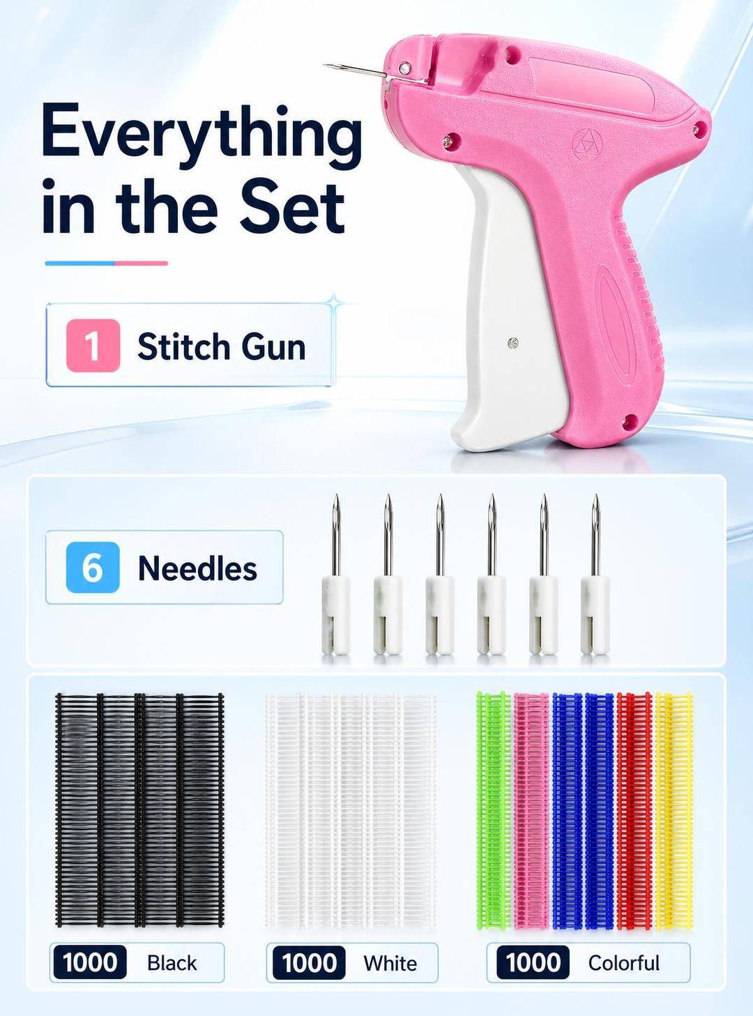Everything in the Set: 1 Stitch Gun, 6 Needles, 1000 Black, 1000 White, 1000 Colorful