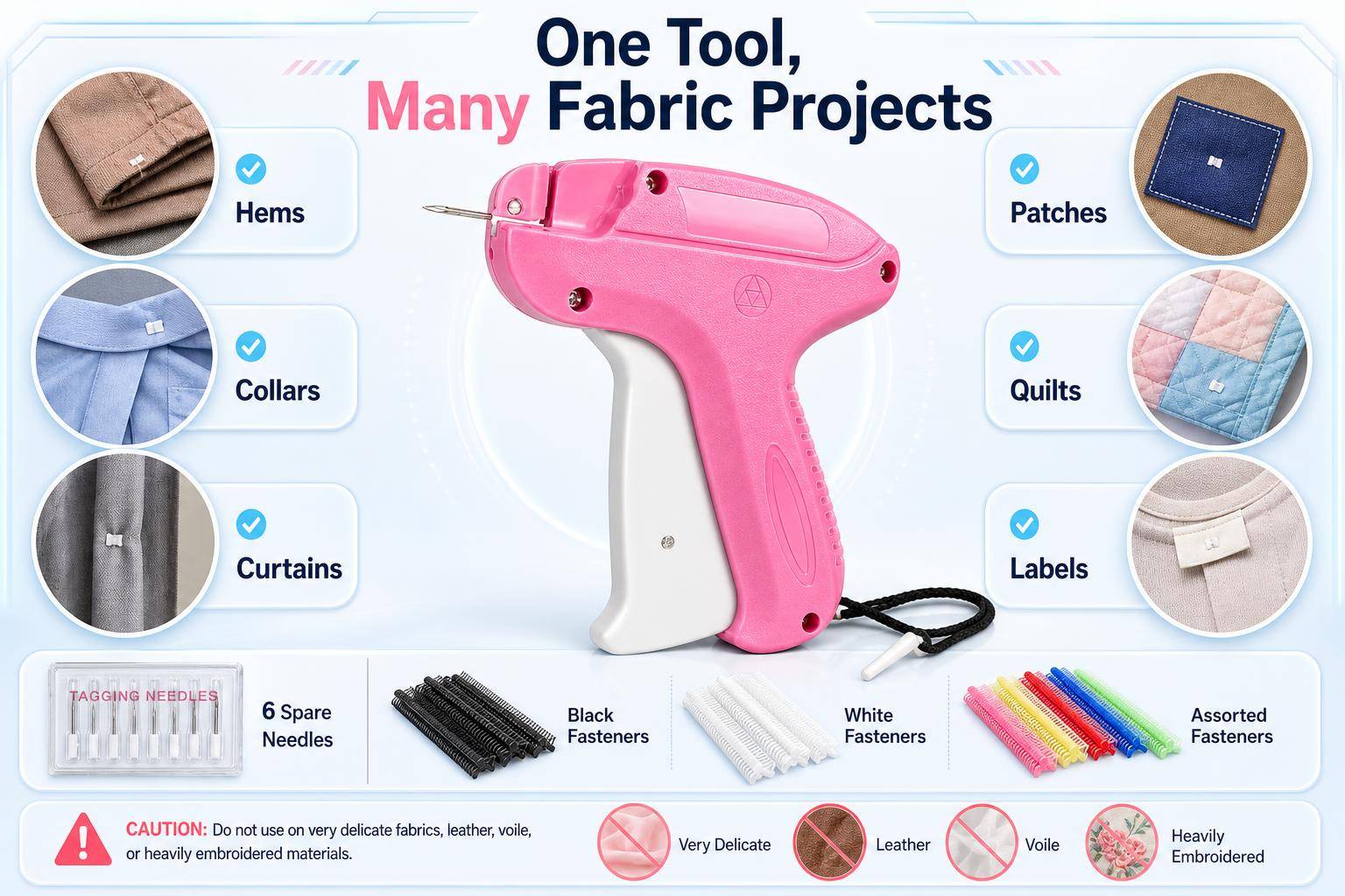 One Tool, Many Fabric Projects: Hems, Collars, Curtains, Patches, Quilts, Labels