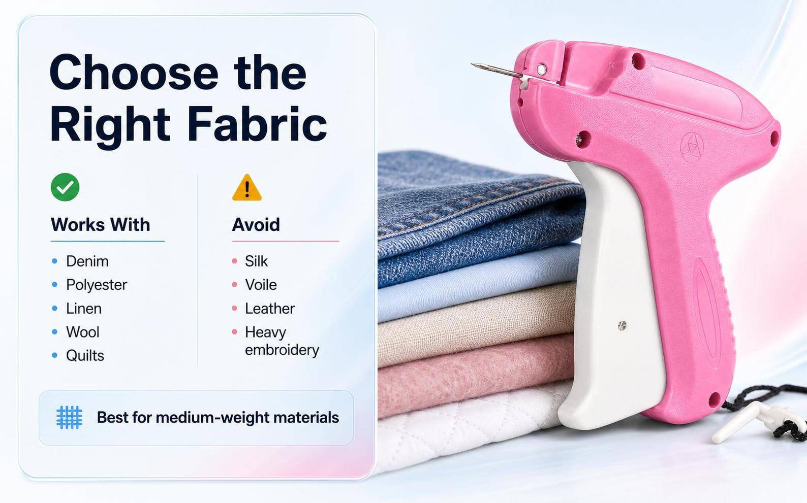 Choose the Right Fabric. Works with denim, polyester, linen, wool, quilts. Avoid silk, voile, leather, heavy embroidery. Best for medium-weight materials.